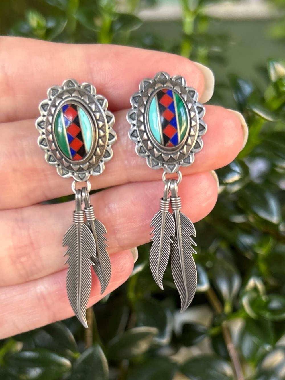 Vintage Native American Sterling Silver Feather Dangle Earrings with Inlay